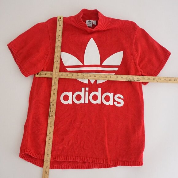 Adidas Red 100% Cotton Knit Big Trefoil Logo Mockneck Short Sleeve Sweater S - Picture 2 of 15